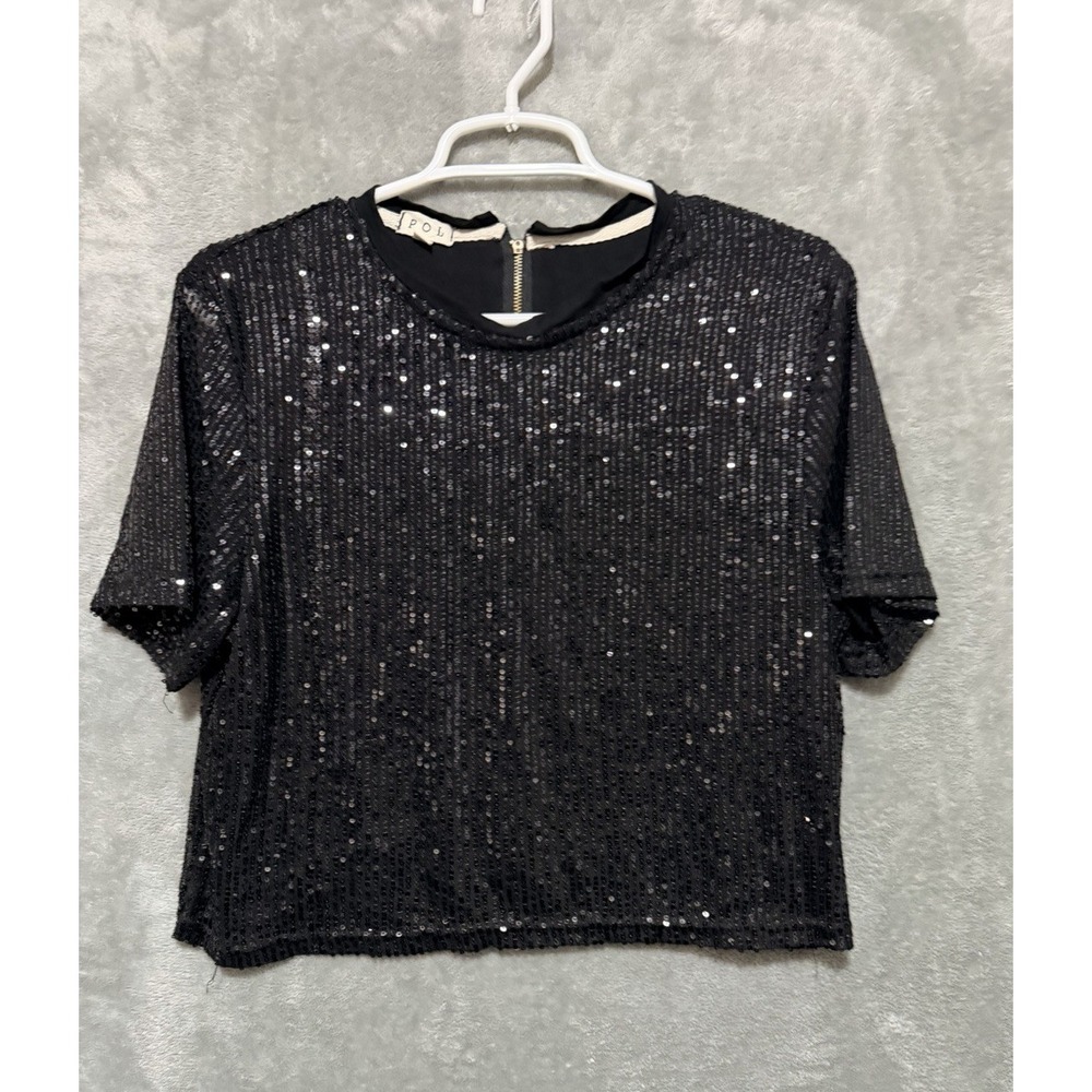 POL Sequin Embellished Top Black Sparkle‎ Party Festival Crop Large
